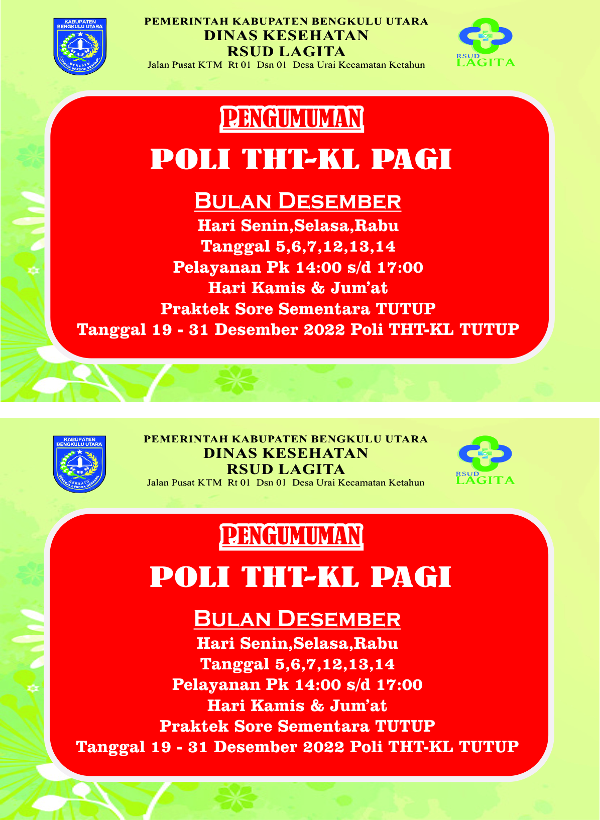 Jadwal Poli THT bulan Desember 2022